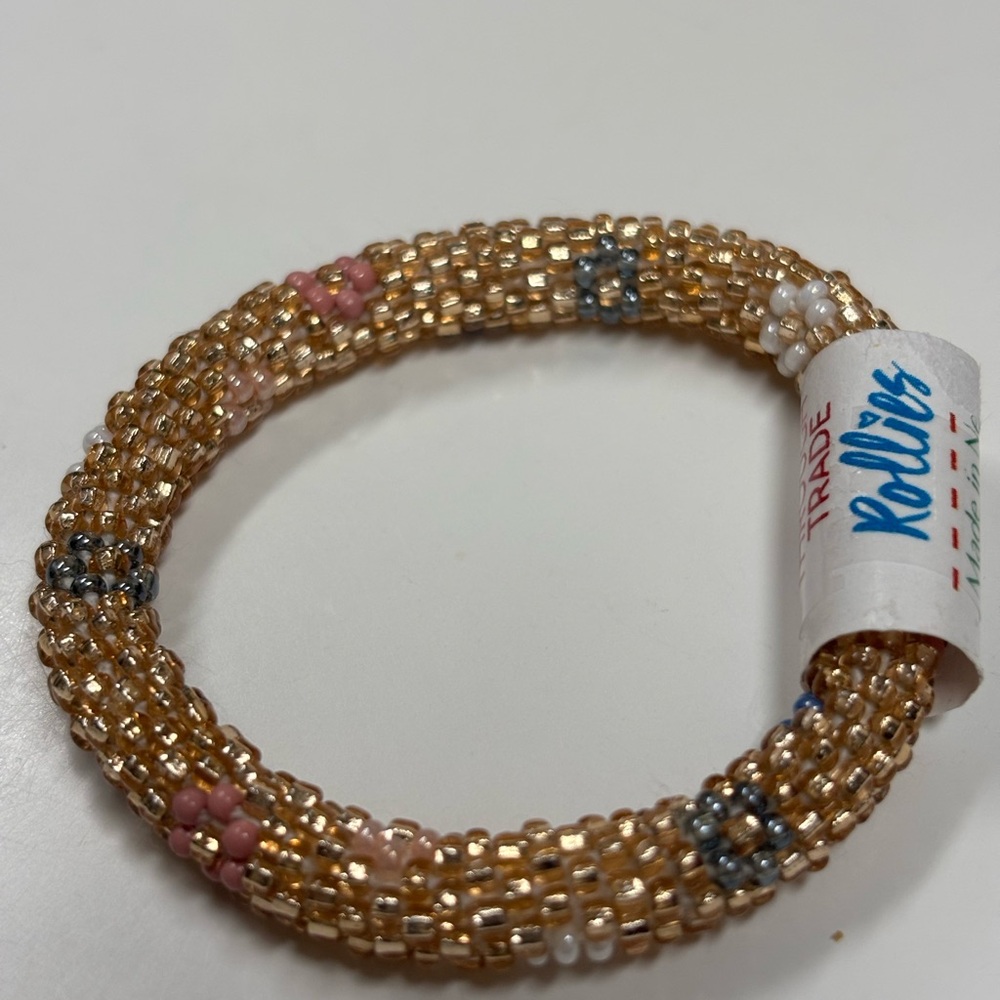 Flower Power Kid's Rollies Gold Glass Beaded Bracelet NWT - Picture 2 of 4